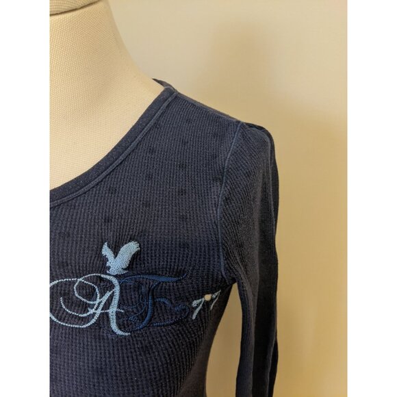 Y2K American Eagle Waffle Knit Henley Top Embroidered Polka Dot Bella Swan Sz S - Picture 5 of 11